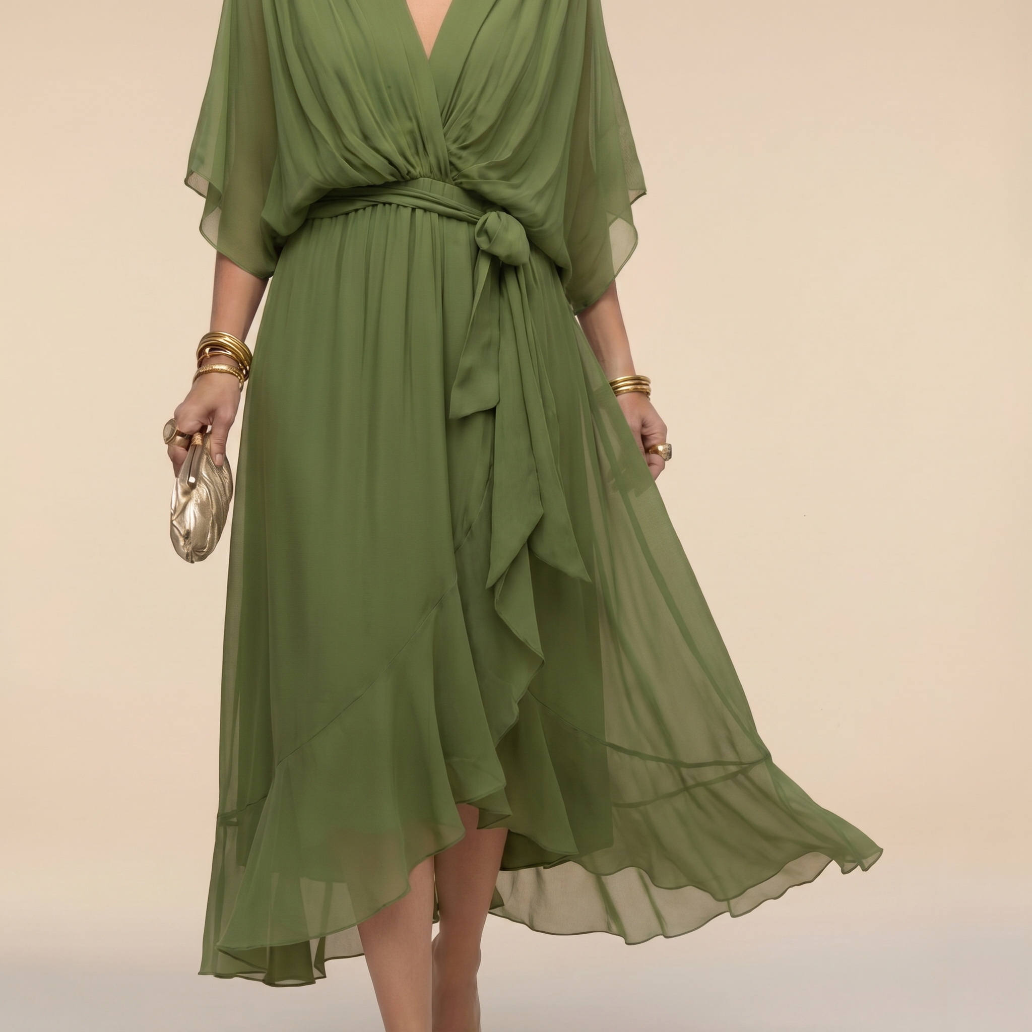 Women's Midi Dress V-Neck Wrap Design