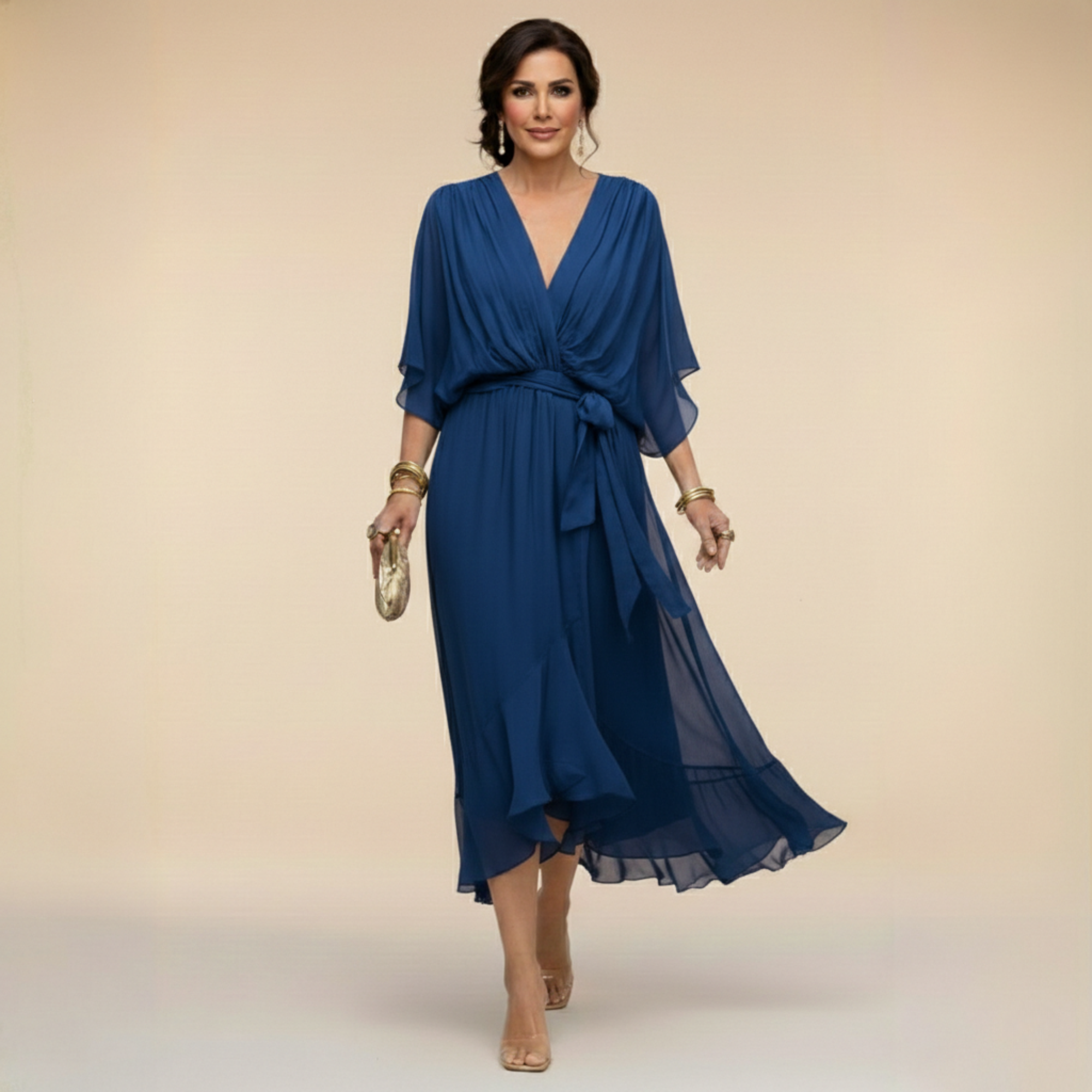 Women's Midi Dress V-Neck Wrap Design