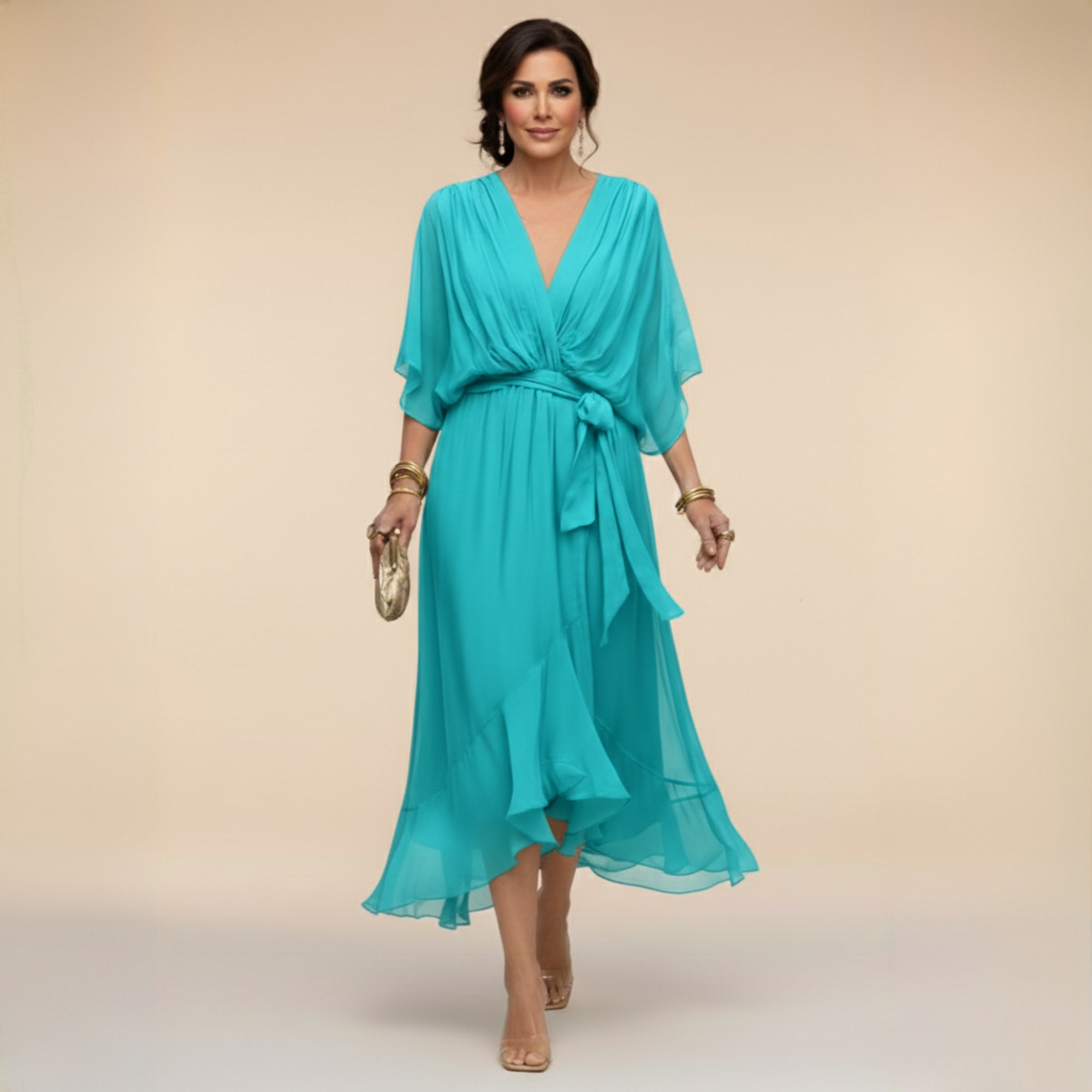 Women's Midi Dress V-Neck Wrap Design