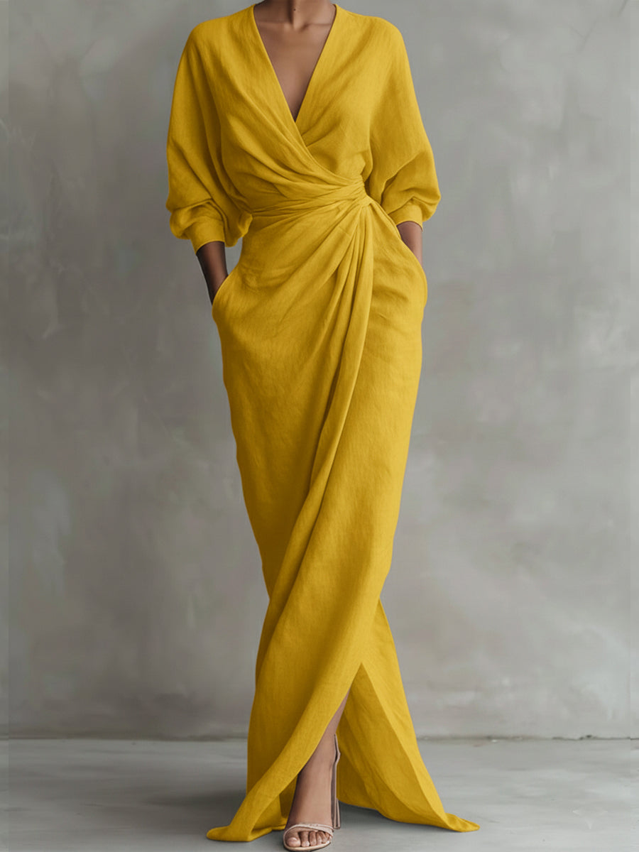 Women's Maxi Wrap Dress V-Neck Dolman Sleeves Casual
