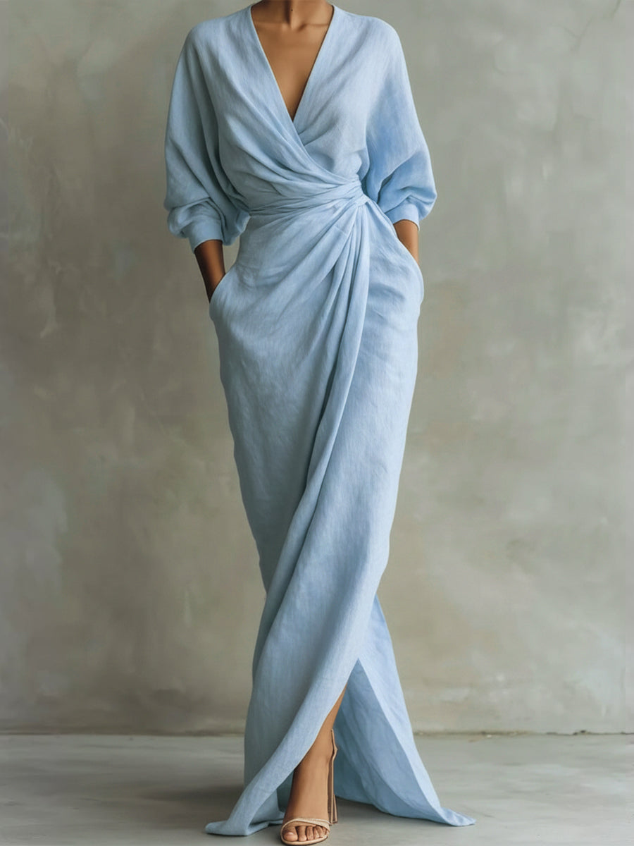 Women's Maxi Wrap Dress V-Neck Dolman Sleeves Casual