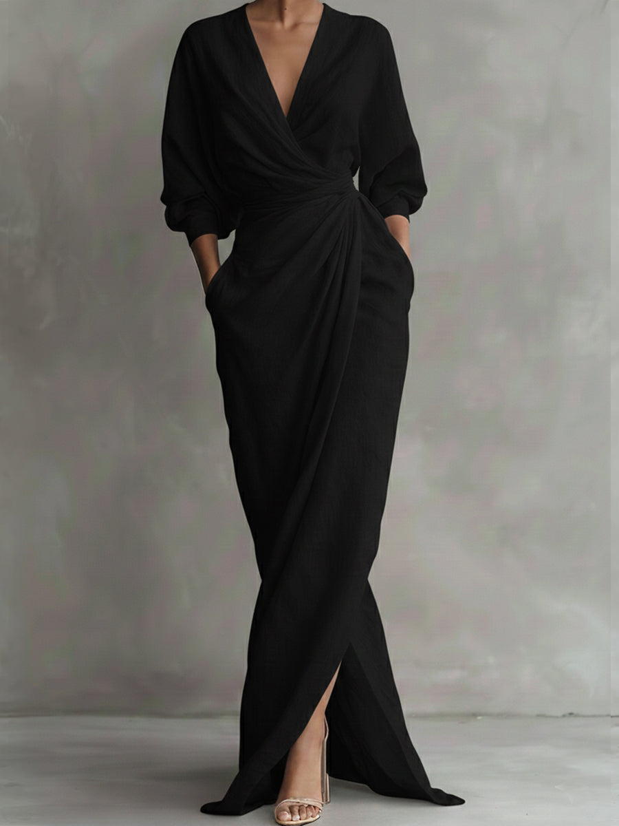 Women's Maxi Wrap Dress V-Neck Dolman Sleeves Casual