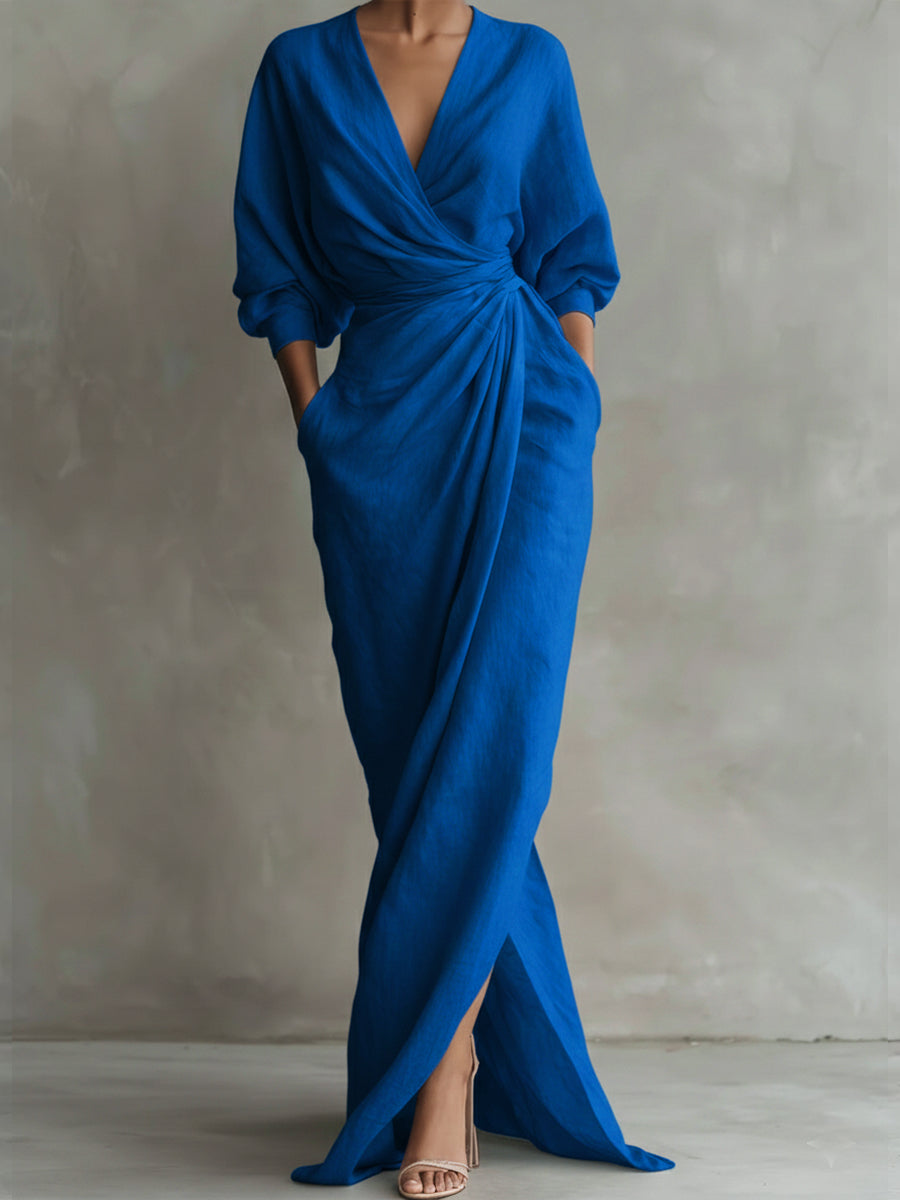 Women's Maxi Wrap Dress V-Neck Dolman Sleeves Casual