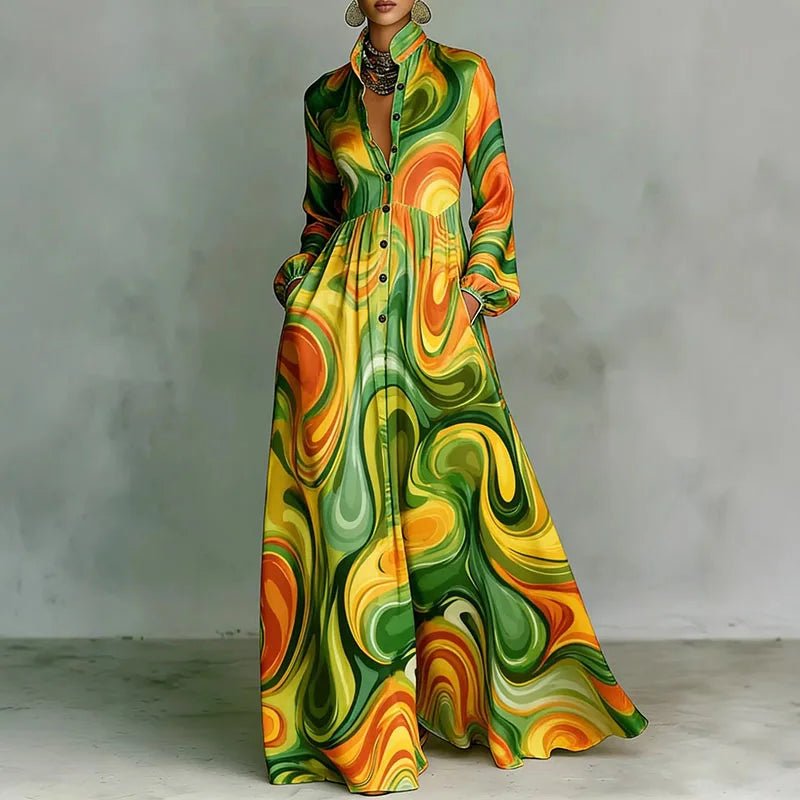 Women's Maxi Shirt Dress High Waist Long Sleeve Printed Casual